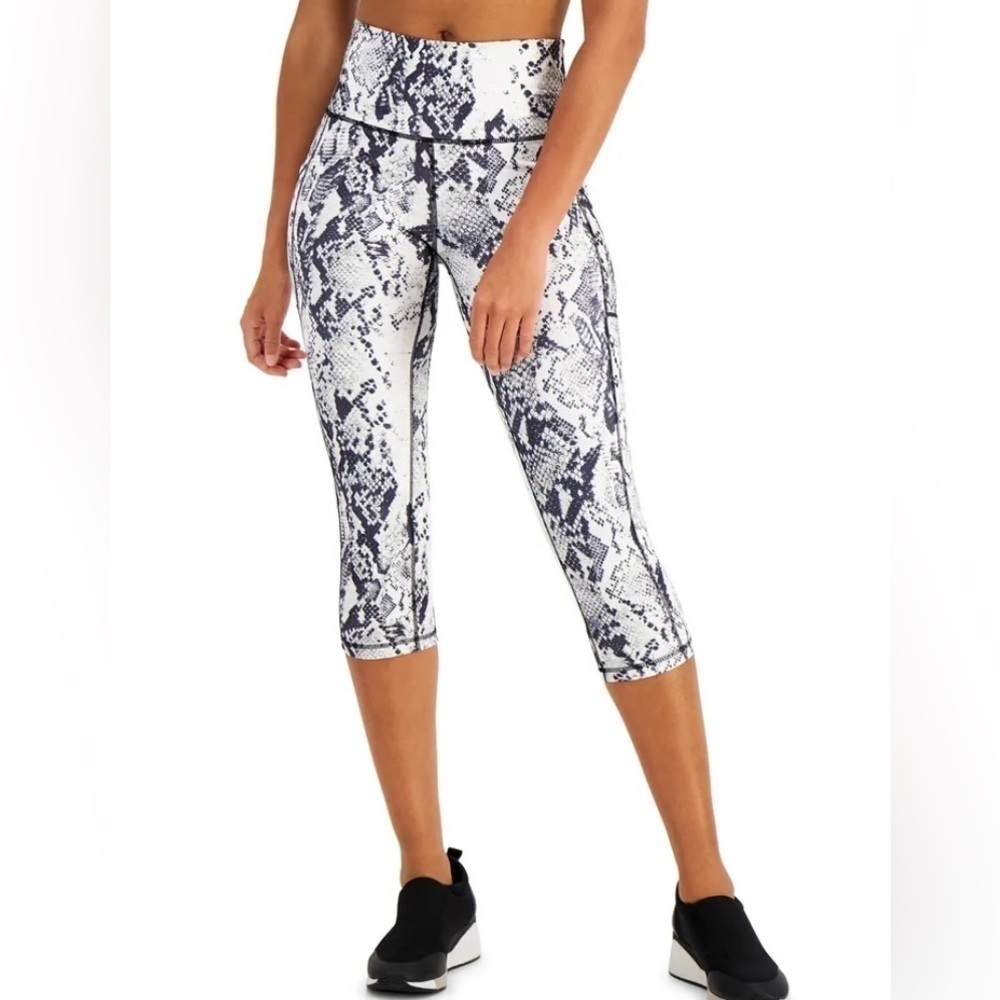 Ideology Women Snake-Embossed Crop High Rise Side Pockets Leggings White-NWT